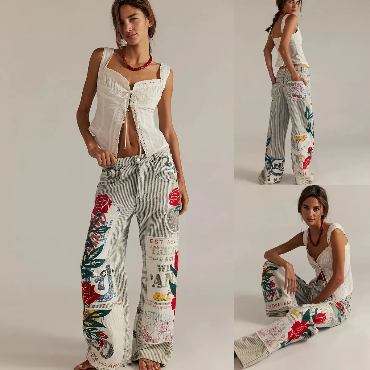 

Autumn Winter Women's Casual Pants Striped Print Straight Leg Jeans mid Waist Straight Tube Fabric Polyester Triacetate