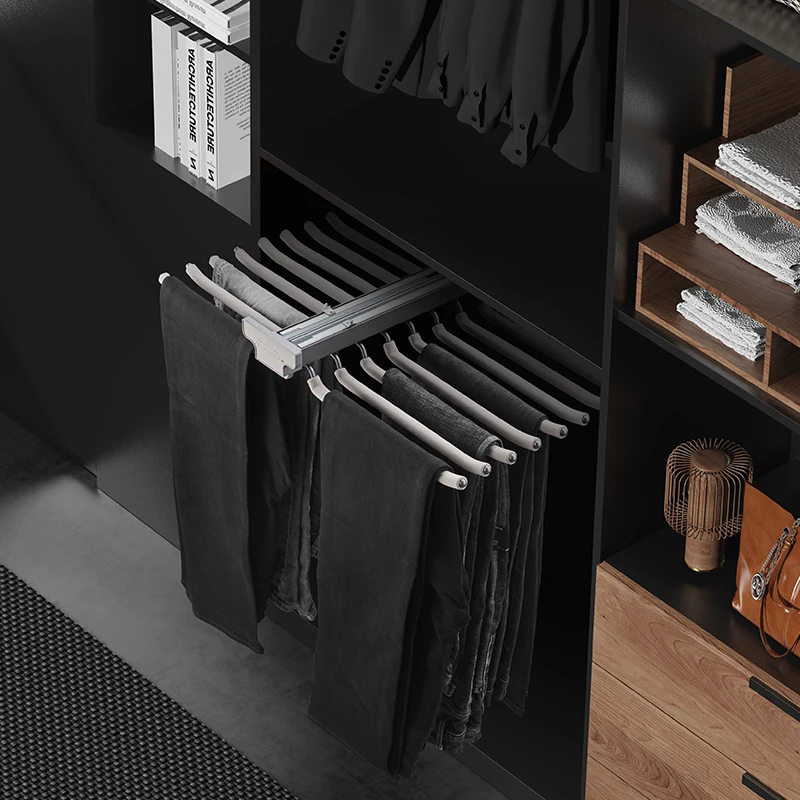 

Pants rack Telescopic wardrobe Household built-in slide rail pull-out type Double row side-mounted non-slip pull basket Multifun