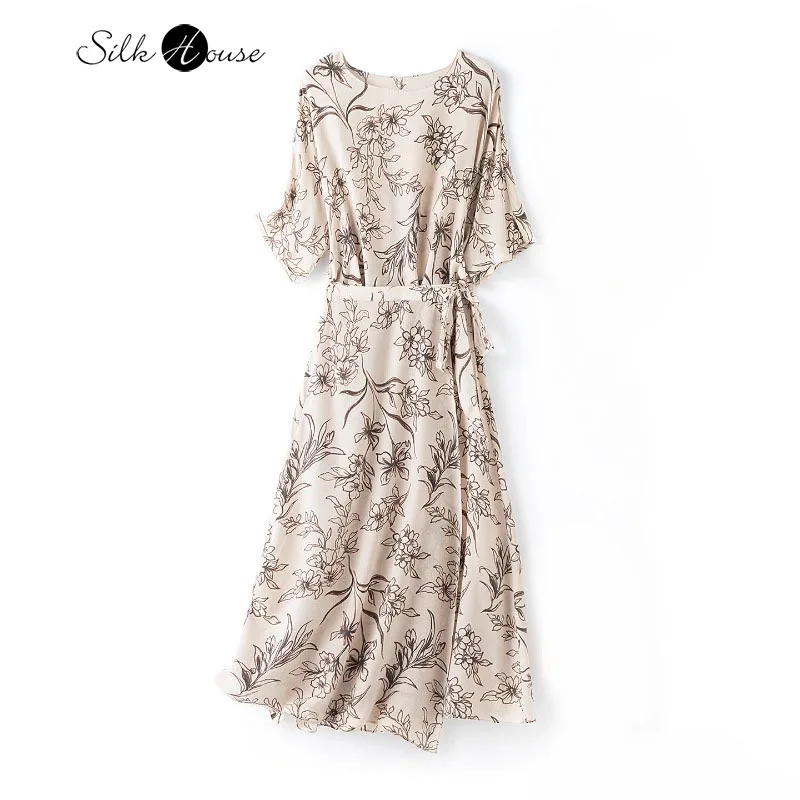 

Fake 2 Pieces of 100% Natural Mulberry Silk Crepe De Chine Five Quarter Sleeve French Women's Printed Casual Tea Rest Dress