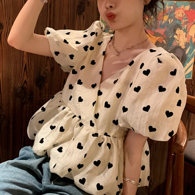 Love Print Kawaii Blouses Women Baggy Aesthetic Puff Sleeve Temper Summer Vacation Girl Basics Clothing Korean Style Daily 2023