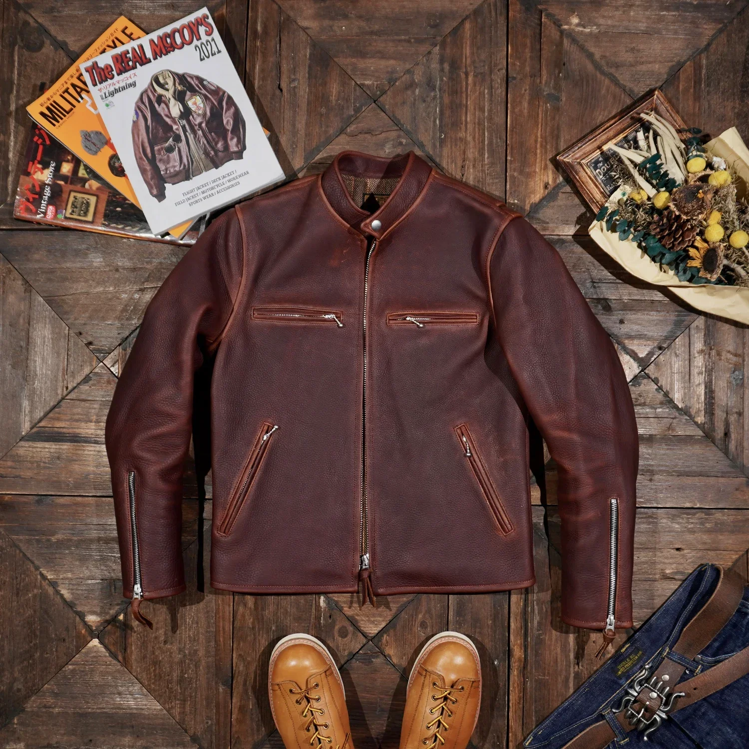 

Мужская короткая байкерская куртка из натуральной кожи Tailor Brando 1,6 мм J100 из натуральной кожи в стиле ретро