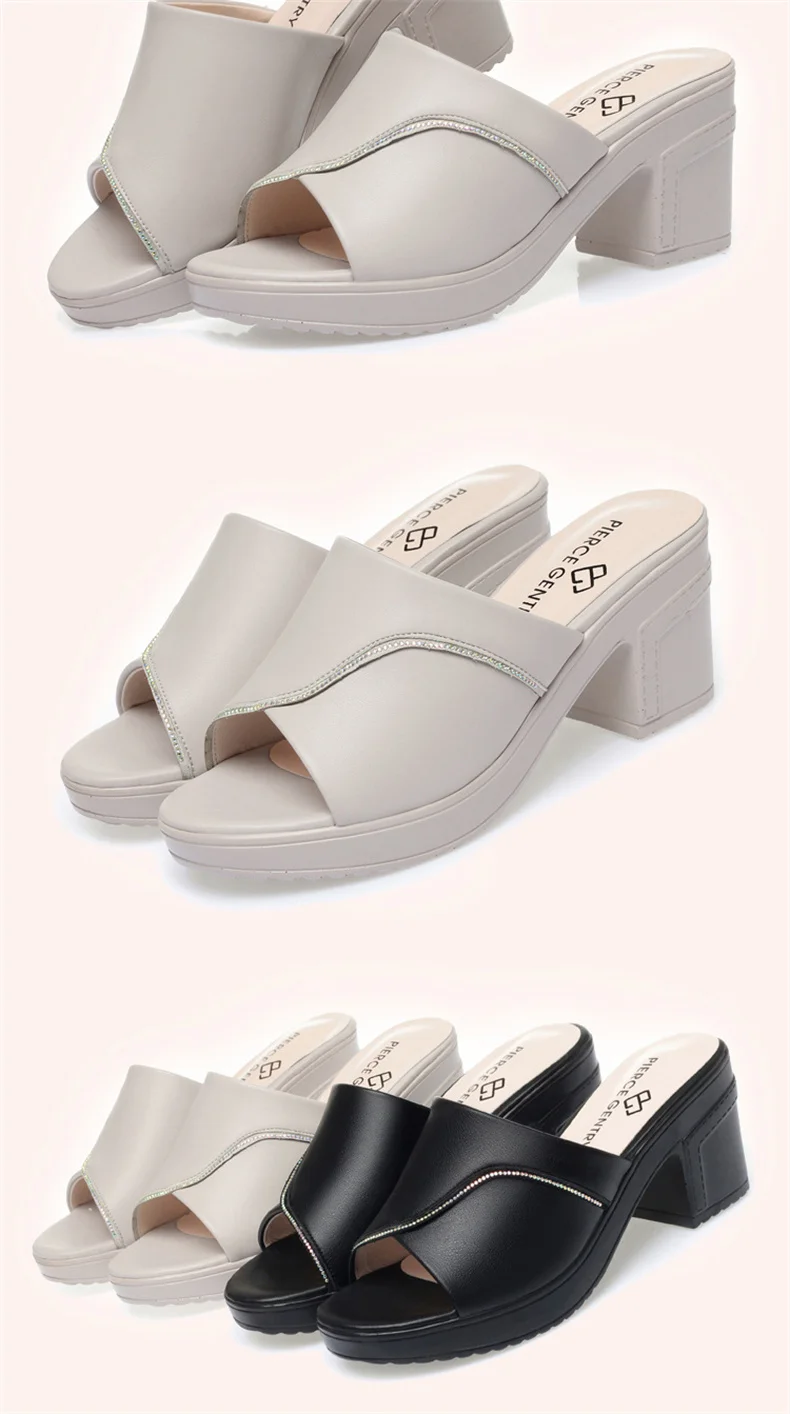 Women Summer New High-heeled Waterproof Platform Sandals Thick-heeled Bright Soft Leather Solid Fish Mouth Casual Slippers