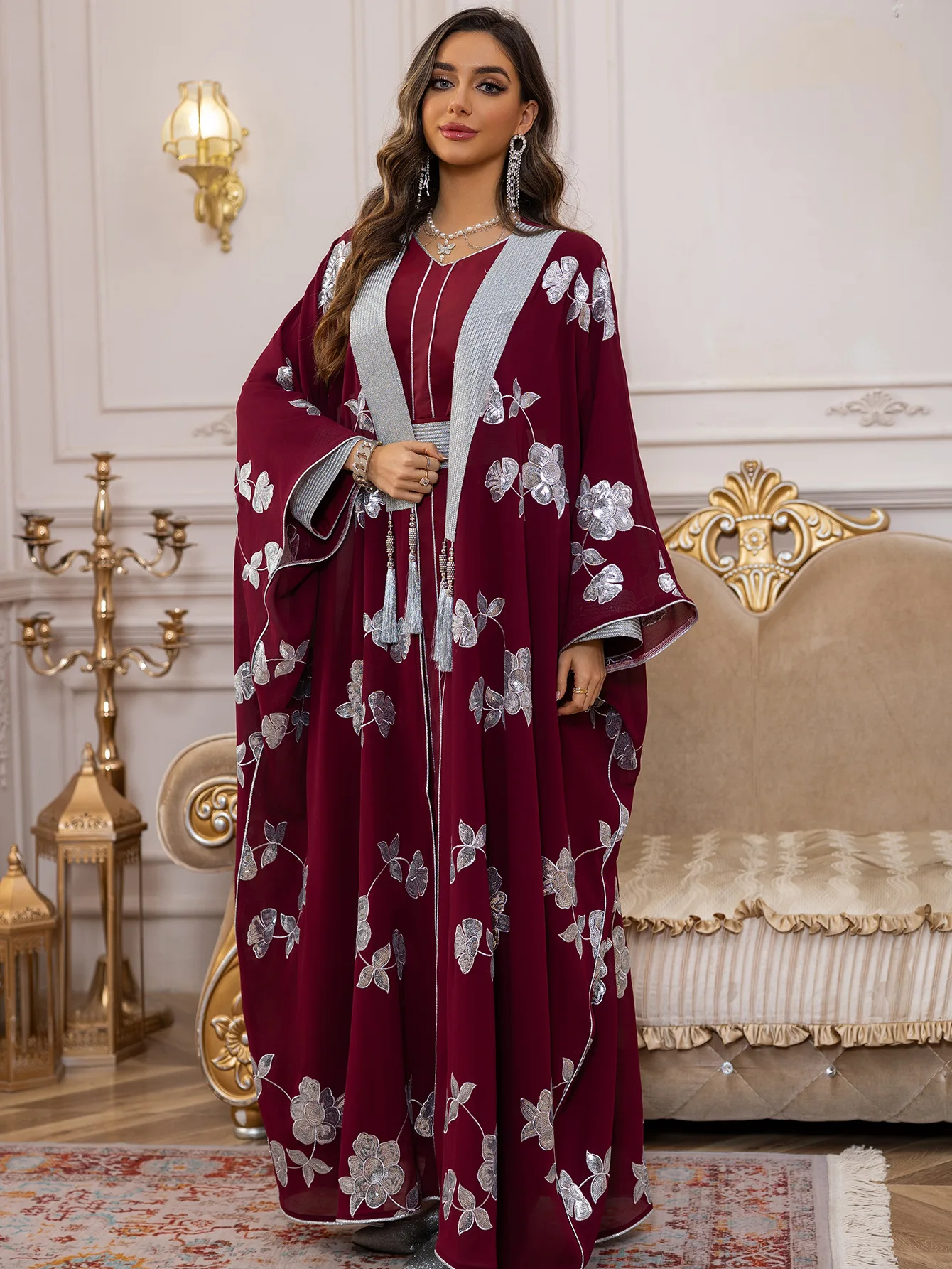 

Embroidery Abaya 2piece Set Saudi Evening Party Gown Ramadan Moroccan Kaftan Robe Batwing Abayas for Women Dubai Luxury Jalabiya
