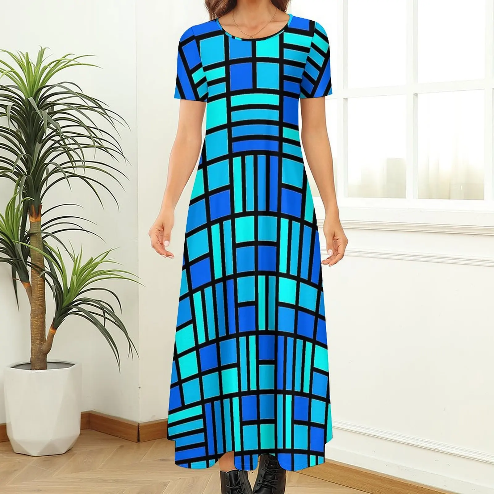 Blue Mondrian Stained Glass Print Dress  Trendy Maxi Dress Aesthetic Boho Beach Long Dresses Women Short Sleeve Big Size Clothes