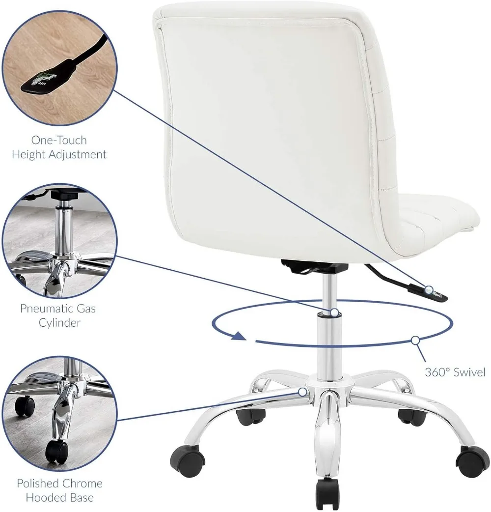 كرسي مكتب دوار بدون ذراع مضلع باللون الأبيض مع دعم قطني وتعديل الارتفاع