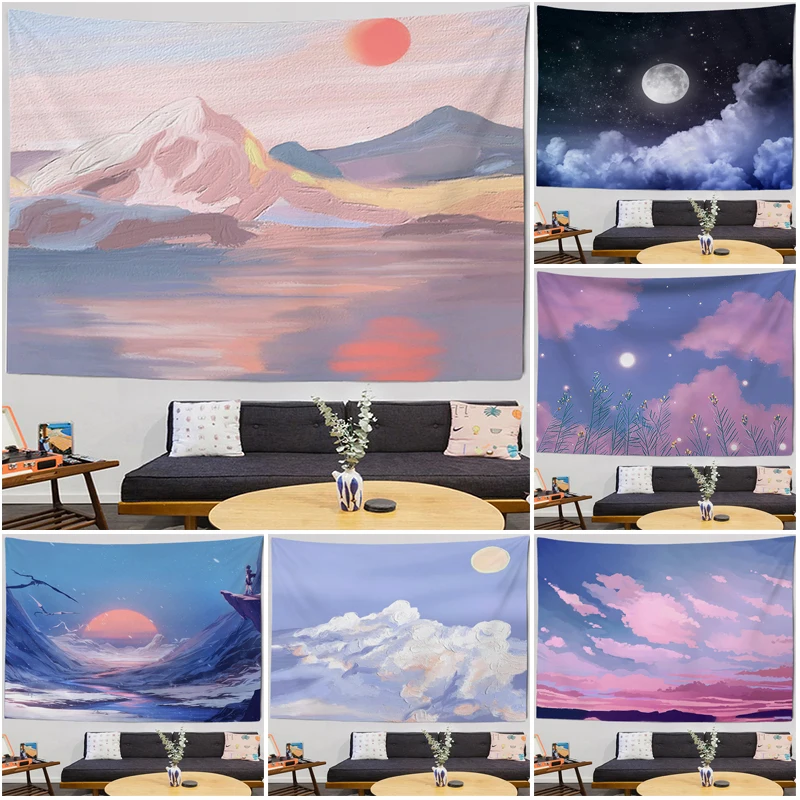 Oil painting printed tapestry sun and moon beautiful night sky healing home background wall decoration 