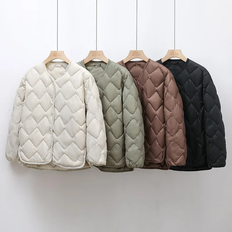 2024 New Arrivals Women's Collarless Light Down Jacket Liner Rhomboid V-Neck Loose Ultra-light Slim White Duck Short Jacket