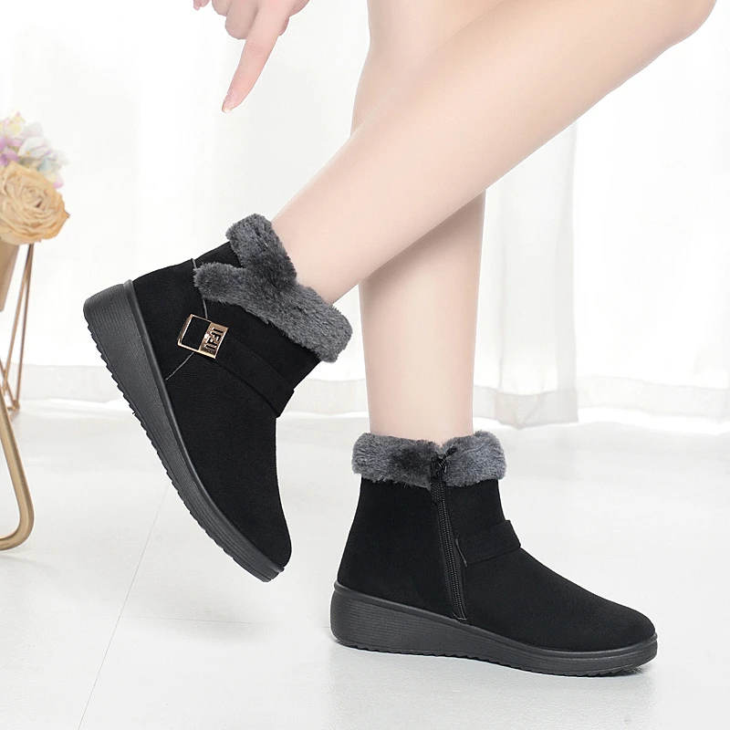 Womens Boots with Metal Low Heel Short Tube Round Toe Sleeve Non-slip and Warm 2024 New Winter Suede Casual Black Snow Boots