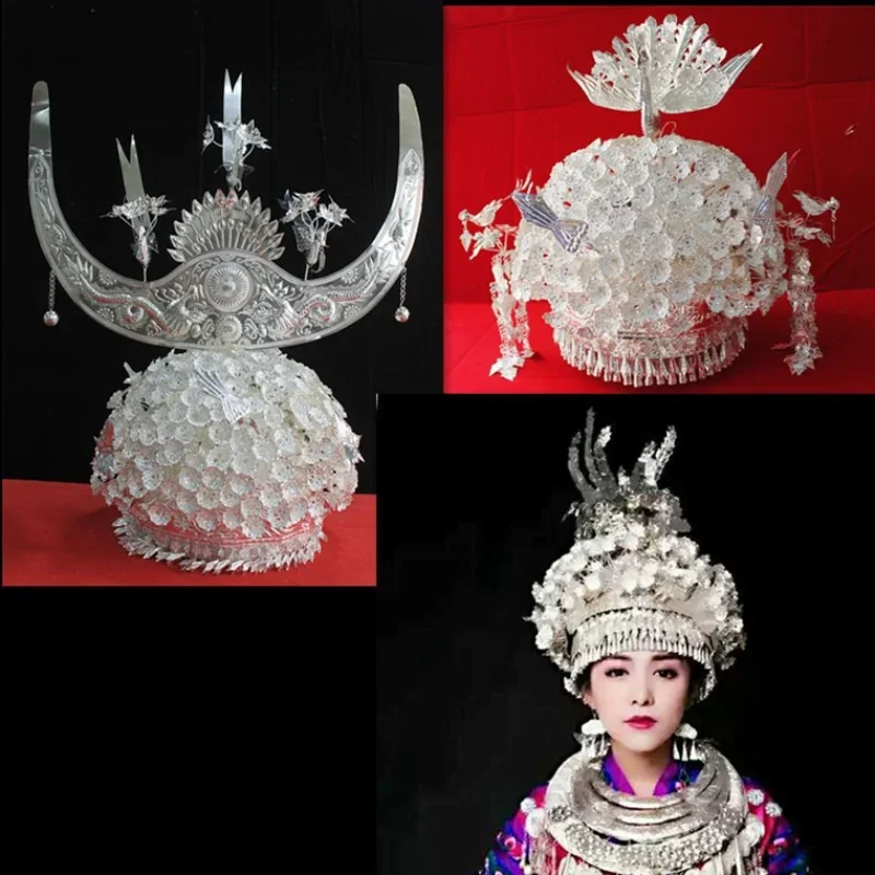 Miao ethnic style traditional silver jewelry hat headgear chest plate pendant silver hat