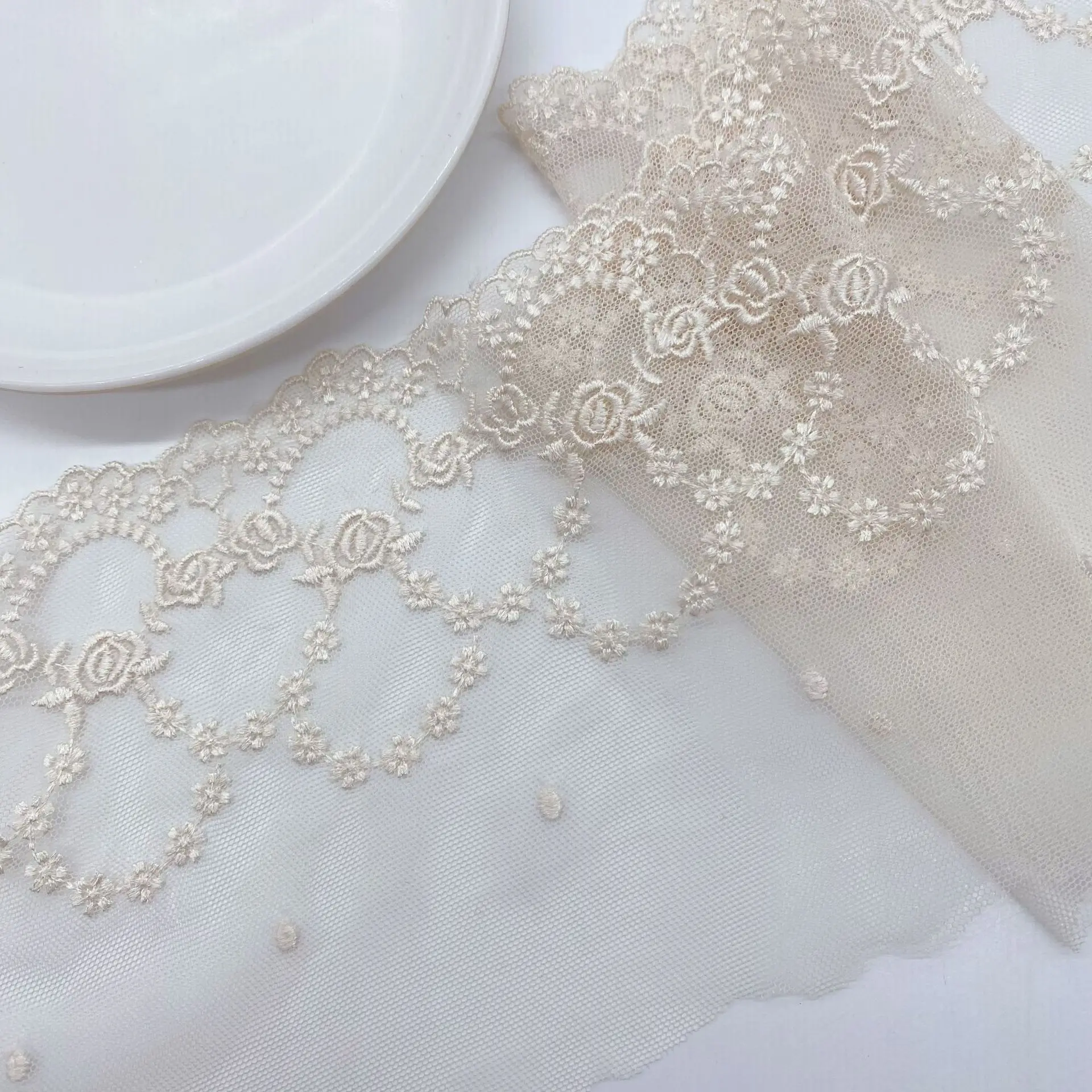 

2 Yards 13cm wide Beige Embroidered Lace Trim Net Embroidery Lace Fabric Mesh DIY Lace Sewing Fabric Bra Crafts for Needle Work