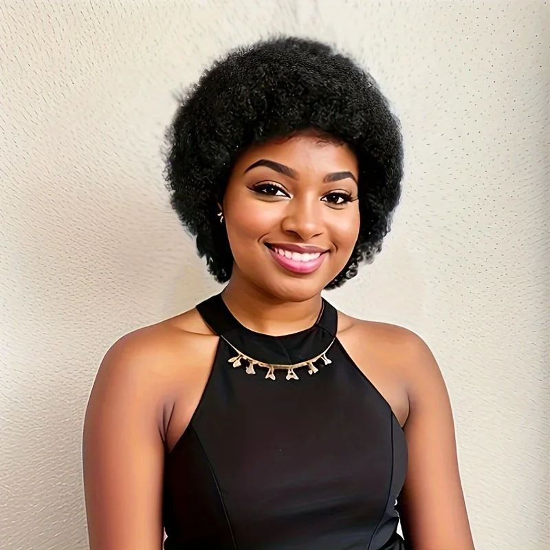 Short Afro Kinky Curly Human Hair Wig for Women Fluffy Hair Short Pixie Curly Retro Style Glueless Human Hair Wigs 6inch hair