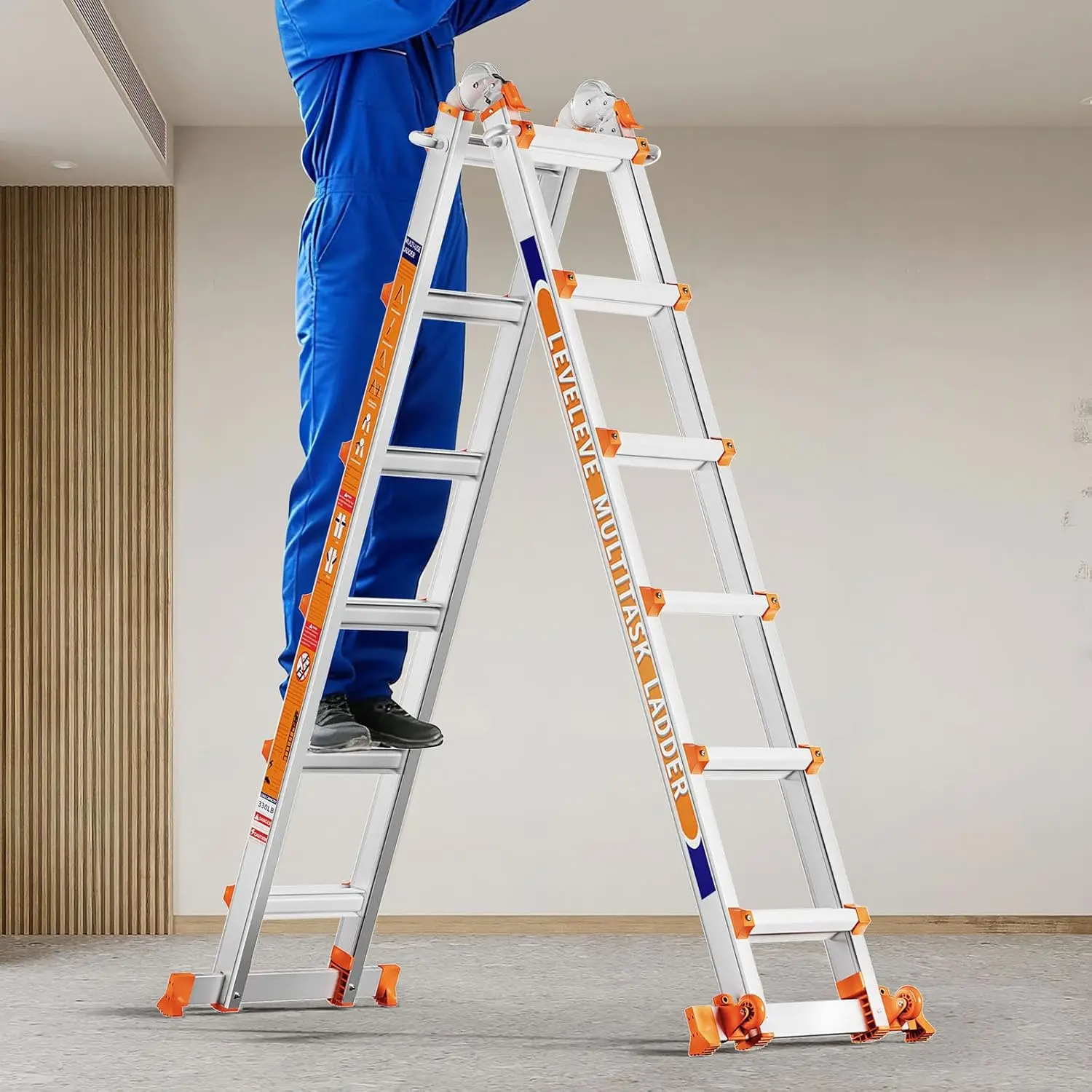 

22FT Extension Ladder,A Frame 6 Step Ladder with Stabilizer Bar & Wheels,330 lbs Security Load Multi Position Ladder for Stairs