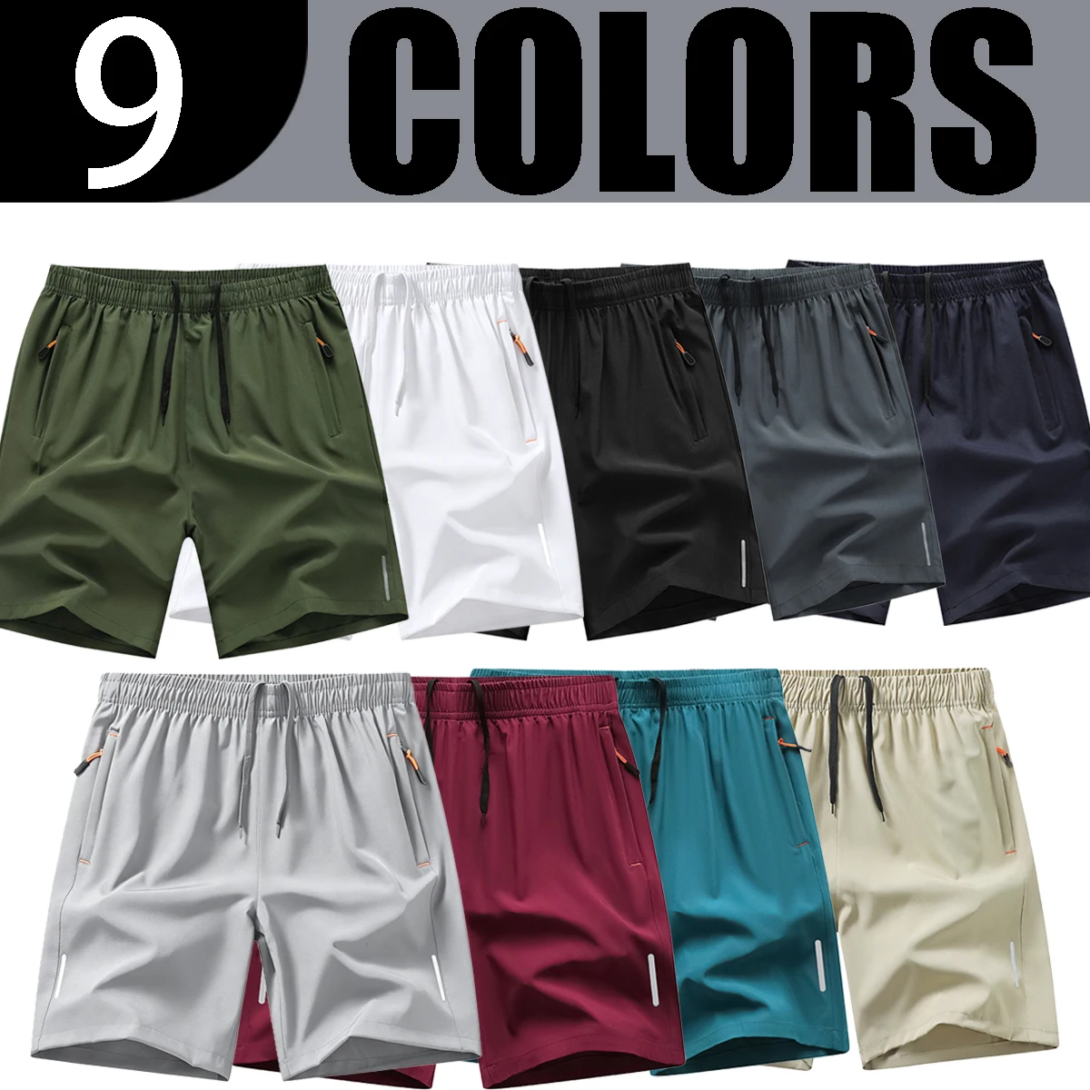 Men Quick‑Dry Sports Shorts 9 Colors Available Zipper Pockets Elastic Drawstring Casual 5‑Point Shorts