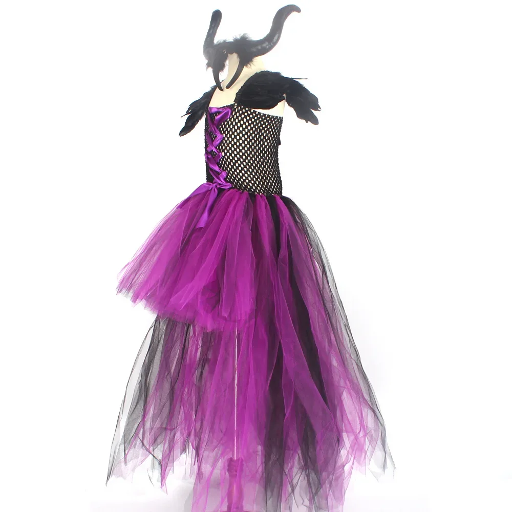 Kinder-Federkleid mit Schulterverzierungen, Gothisches Kleid für Mädchen, Lila-Schwarzes Netz-Tüllkleid für Halloween-Verkleidungspartys – Detail 15