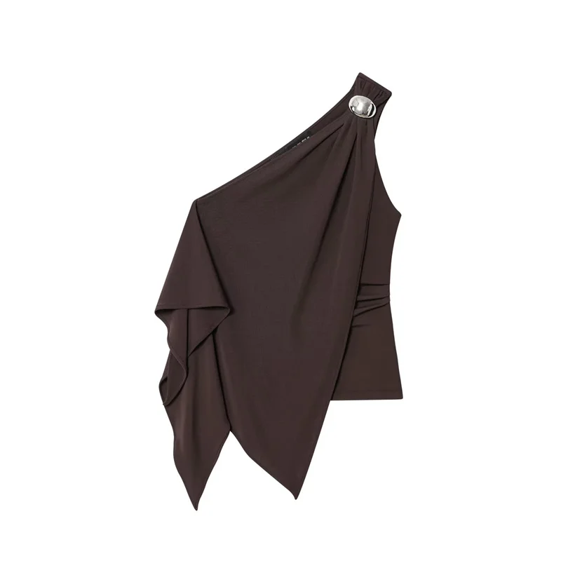 

Women's Top 2025 Autumn New Style Deep Brown Sleeveless Asymmetrical Collar Layered Decorated Top Sexy Fashion Personality