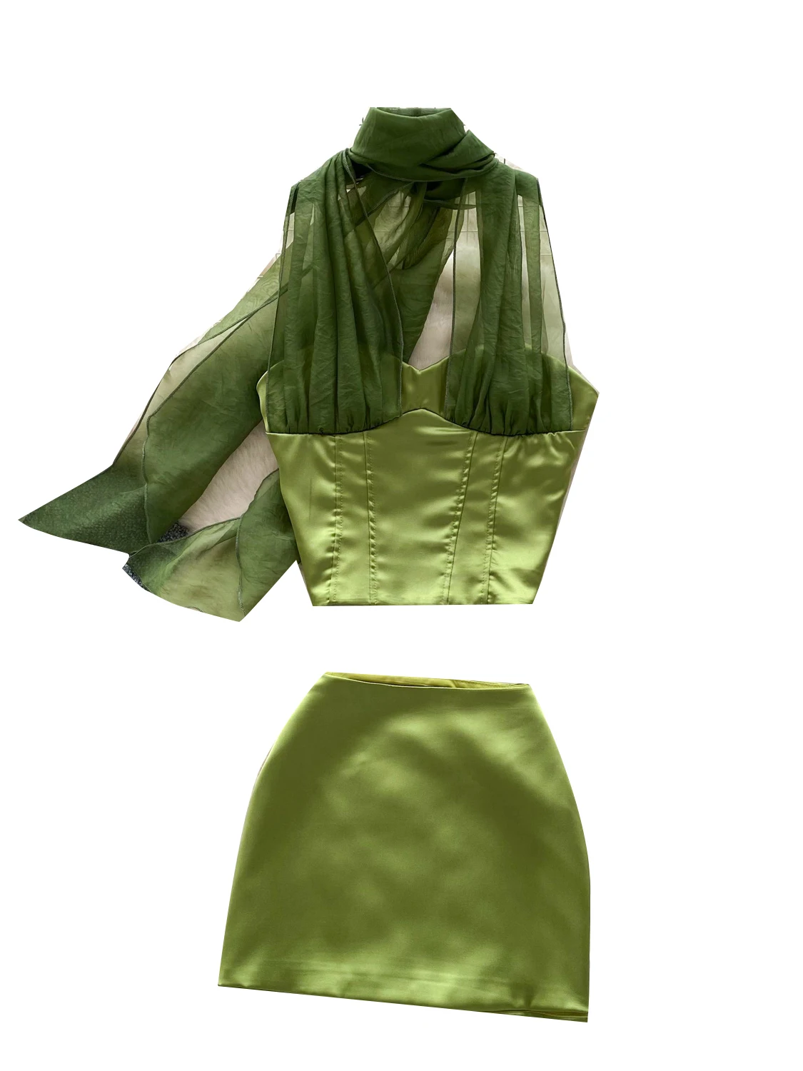 

Summer Women's High Waist Slim Fit ter Ne Vest And Skirt Set with Lace Paneling And Silklike Texture Faionable Ensemble