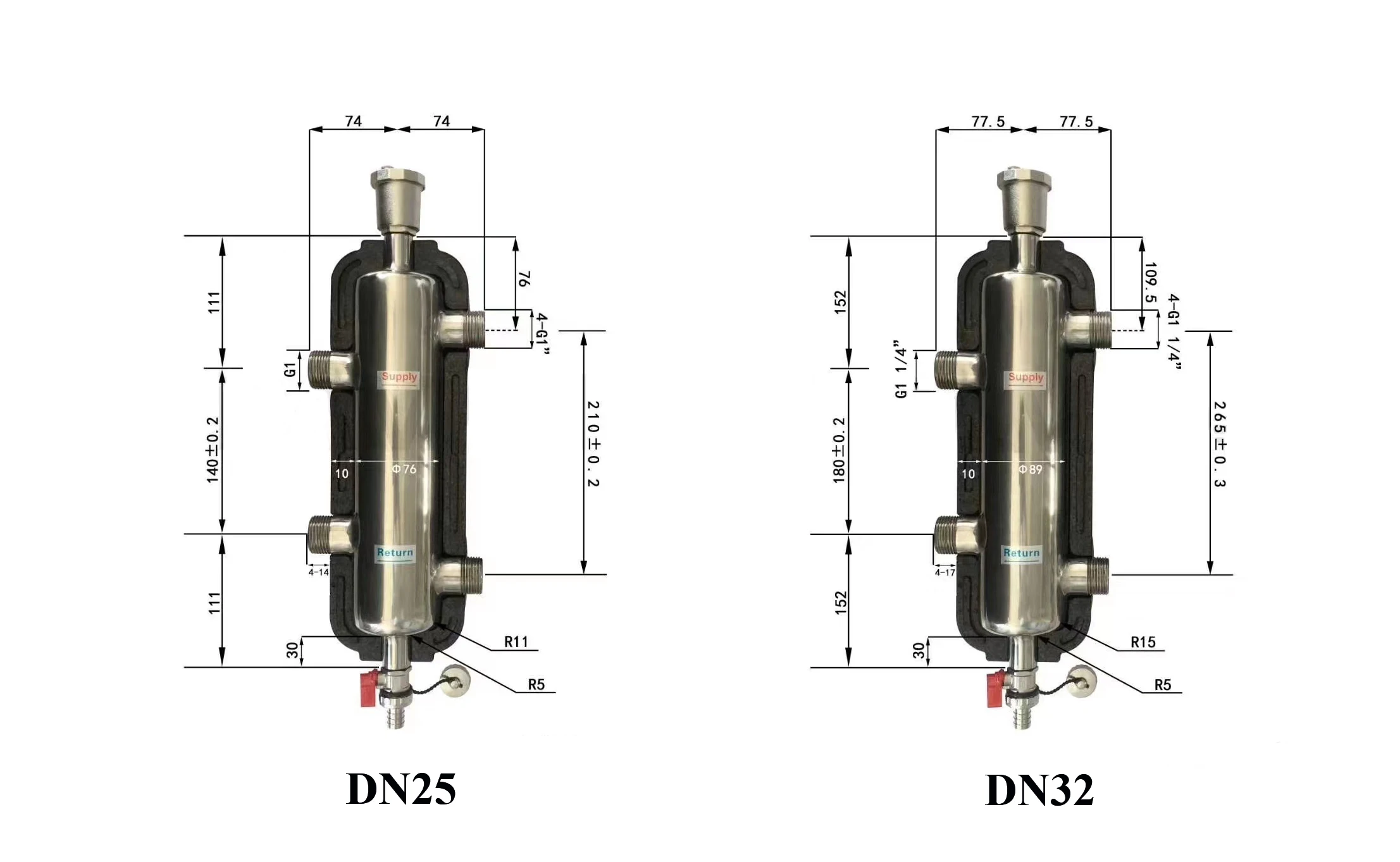 DN25/DN32 Edelstahl S304 Heißwasser Hydraulische Separator Kits Puffer Tank Für Kessel Heizung und Kühlsystem – Detail 1
