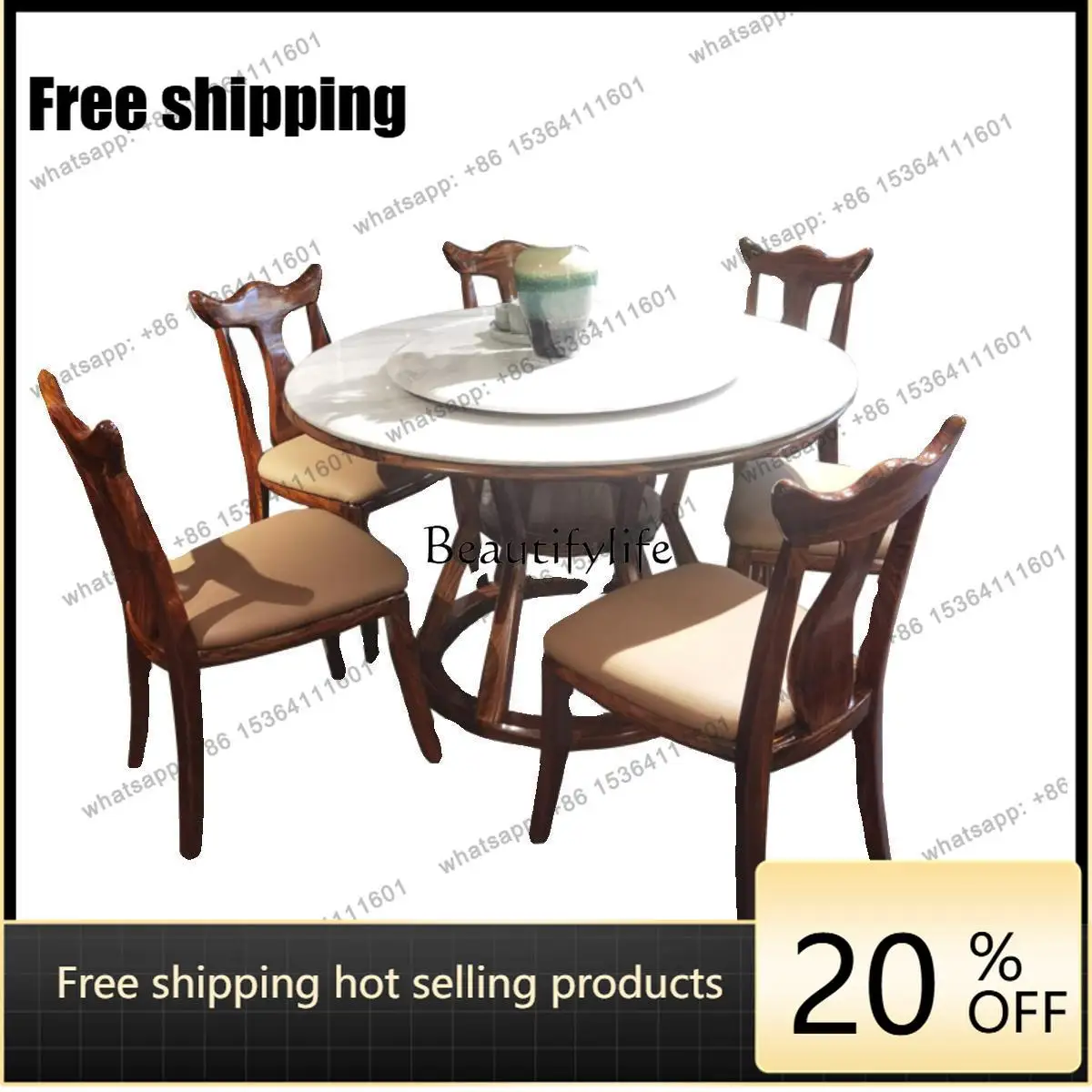 Factory Direct  New Chinese luxury stone ebony Dashi big round flat wood round dining stone villa