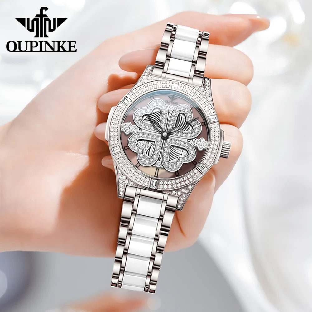 

OUPINKE 3279 Swiss Imported Quartz Movement Women's Watch Ceramic Strap Elegant Luxury Diamond Watch Jewelry Necklace Set