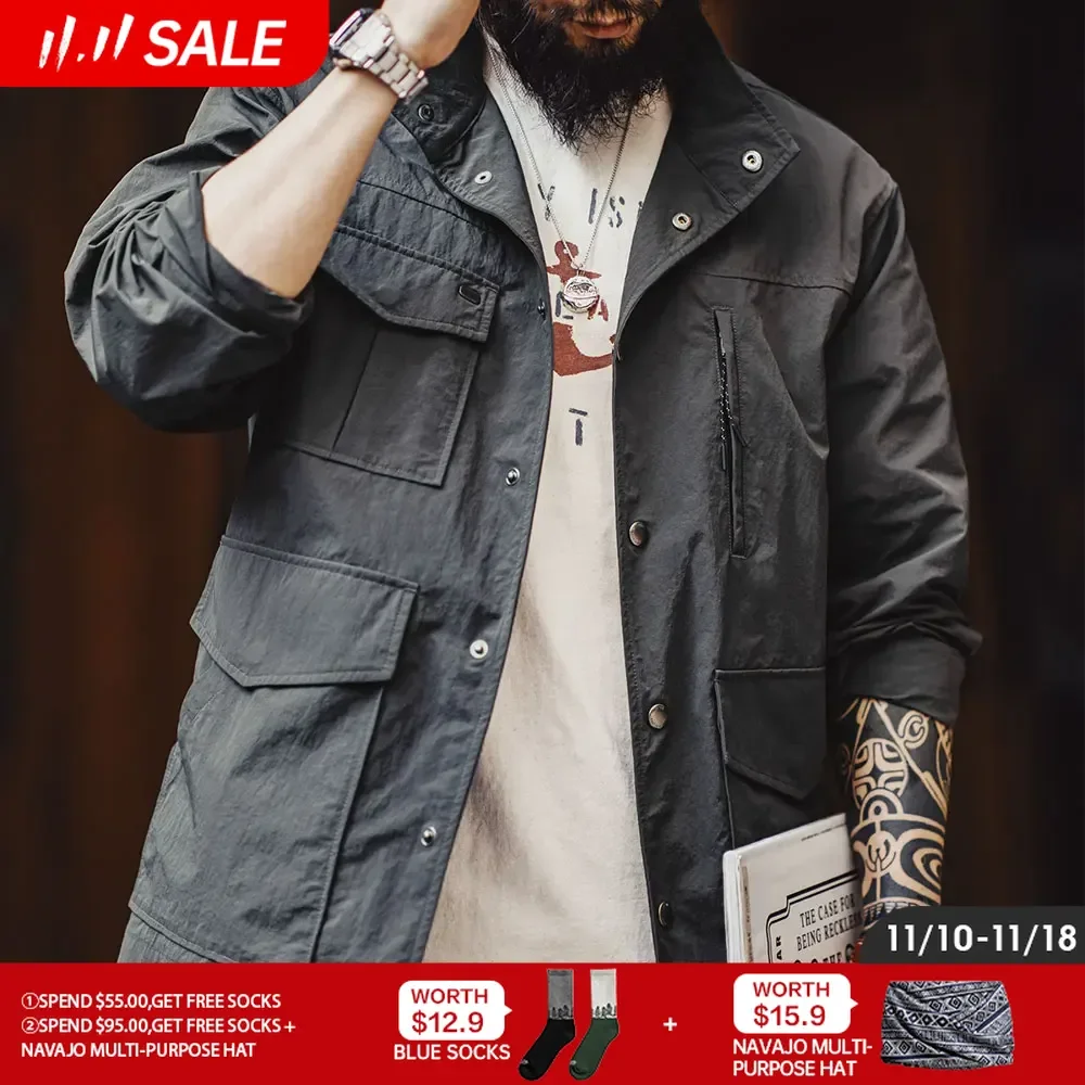 

Maden Men Casual Standing Collar Waterproof Jacket Vintage Dark Gray Coat 4-Pockets Work Jacket Spring and Autumn Men's Clothes