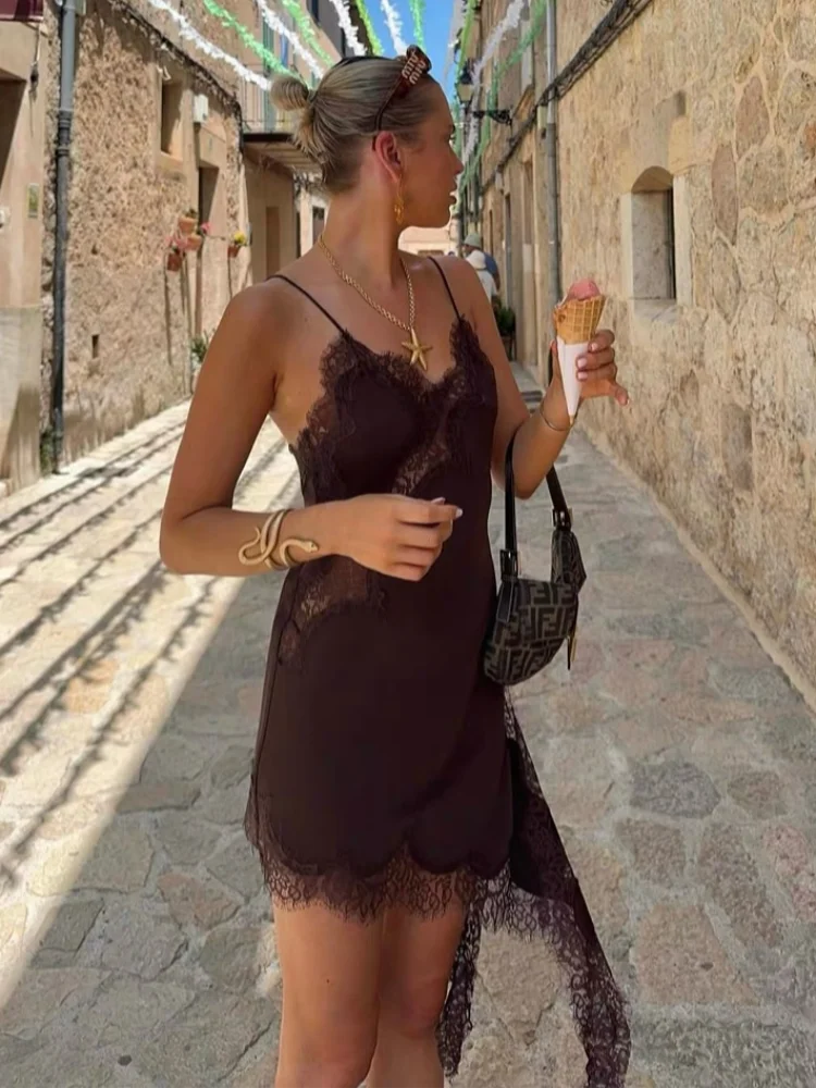 

Sexy Satin Lace Spliced Sling Dress Women Sleeveless Backless Asymmetric Short Dresses 2025 Summer Lady Party Evening Robe