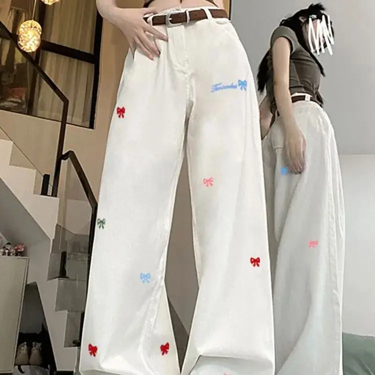 

Summer American Jeans Embroidery Lazy Style Thin Wide Legged Trousers For Women Loose Versatile Floor Mopping Casual Pants