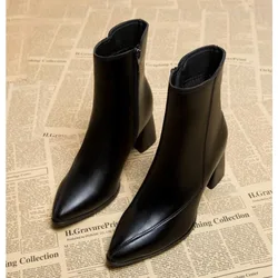 Spring and Autumn New British Style Thin and Thin Women's Boots Pointed Toe Thin Side Zipper Black Nude Boots Women