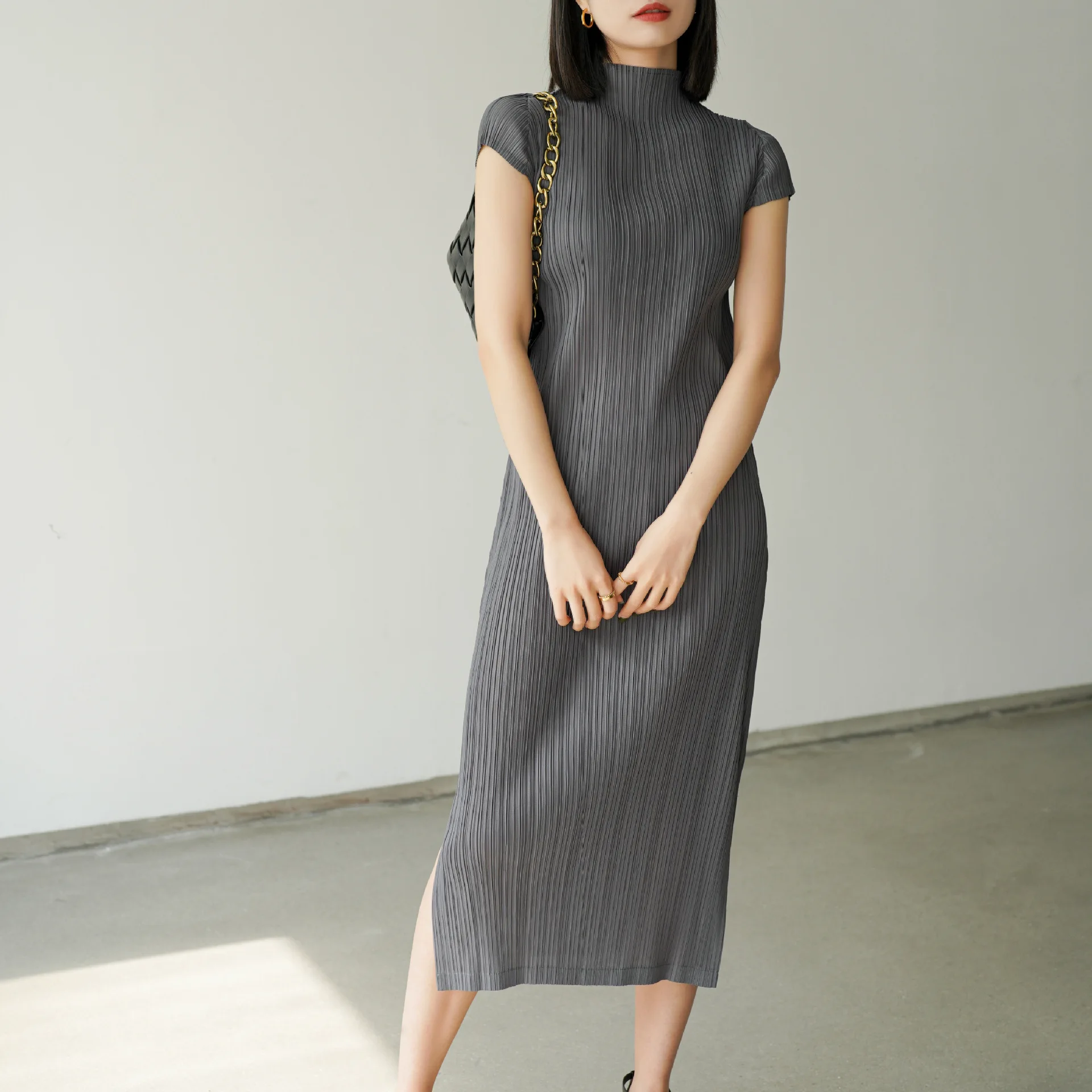 Miyake summer pleated high-end fashion casual versatile slim half-high neck cheongsam dress 2025 new solid colour skirt ALSEY AliExpress