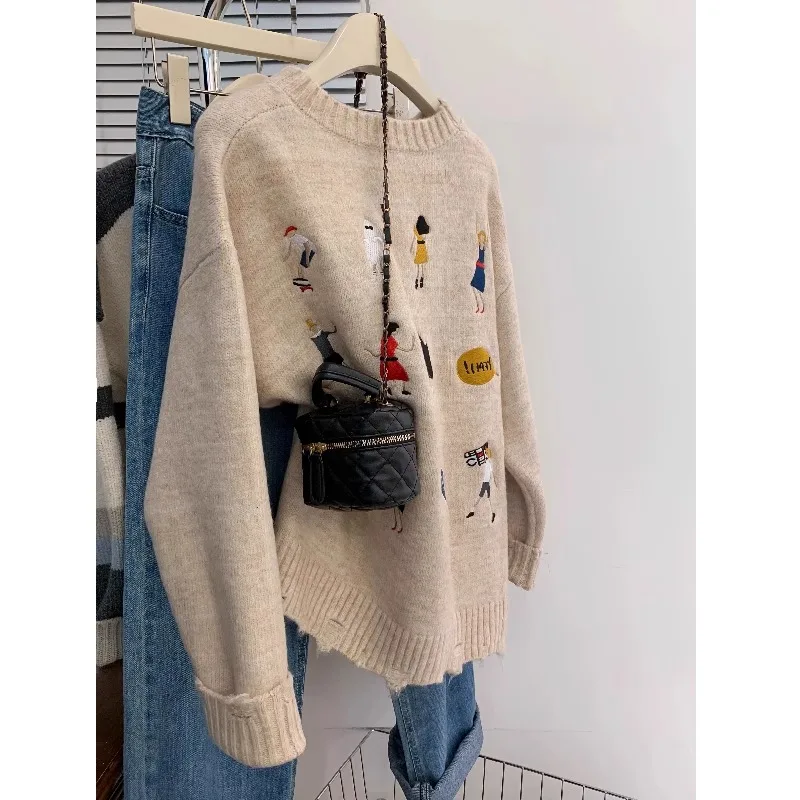 Retro Cute Cartoon Embroidery Thickened Soft Sweater Men's Autumn Winter Knitted Top Youth Casual Long Sleeve Crew Neck Sweat...