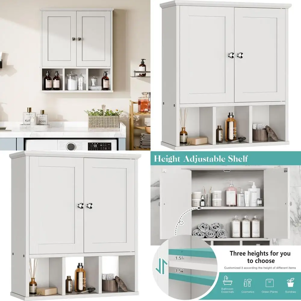 

Белый настенный шкаф для ванной комнаты с 2 дверцами и 3 полками над унитазом