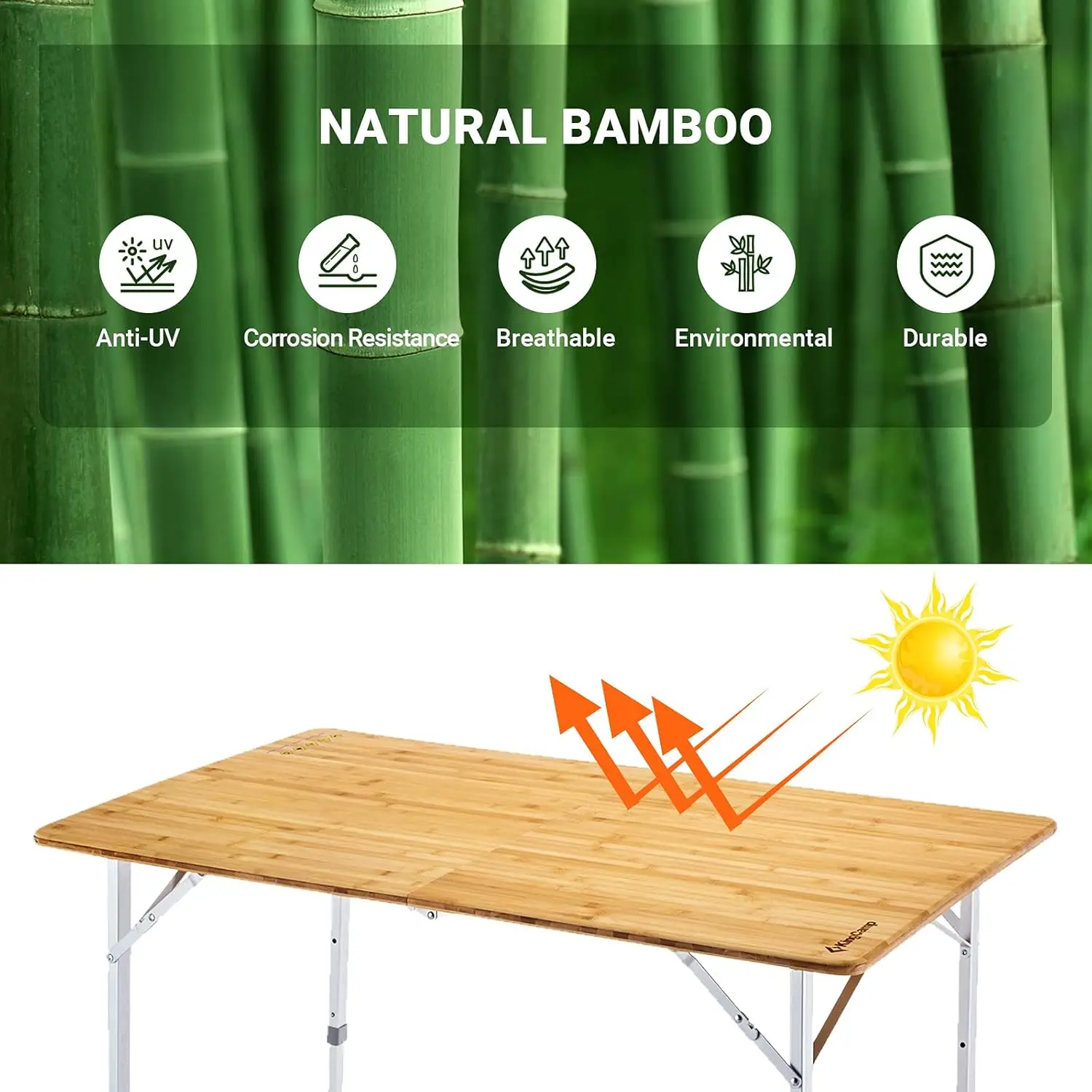 Mesa de acampamento dobrável de bambu com pernas de alumínio de altura ajustável, resistente, 176 libras, portátil para viagens, piquenique, praia, 6 pessoas