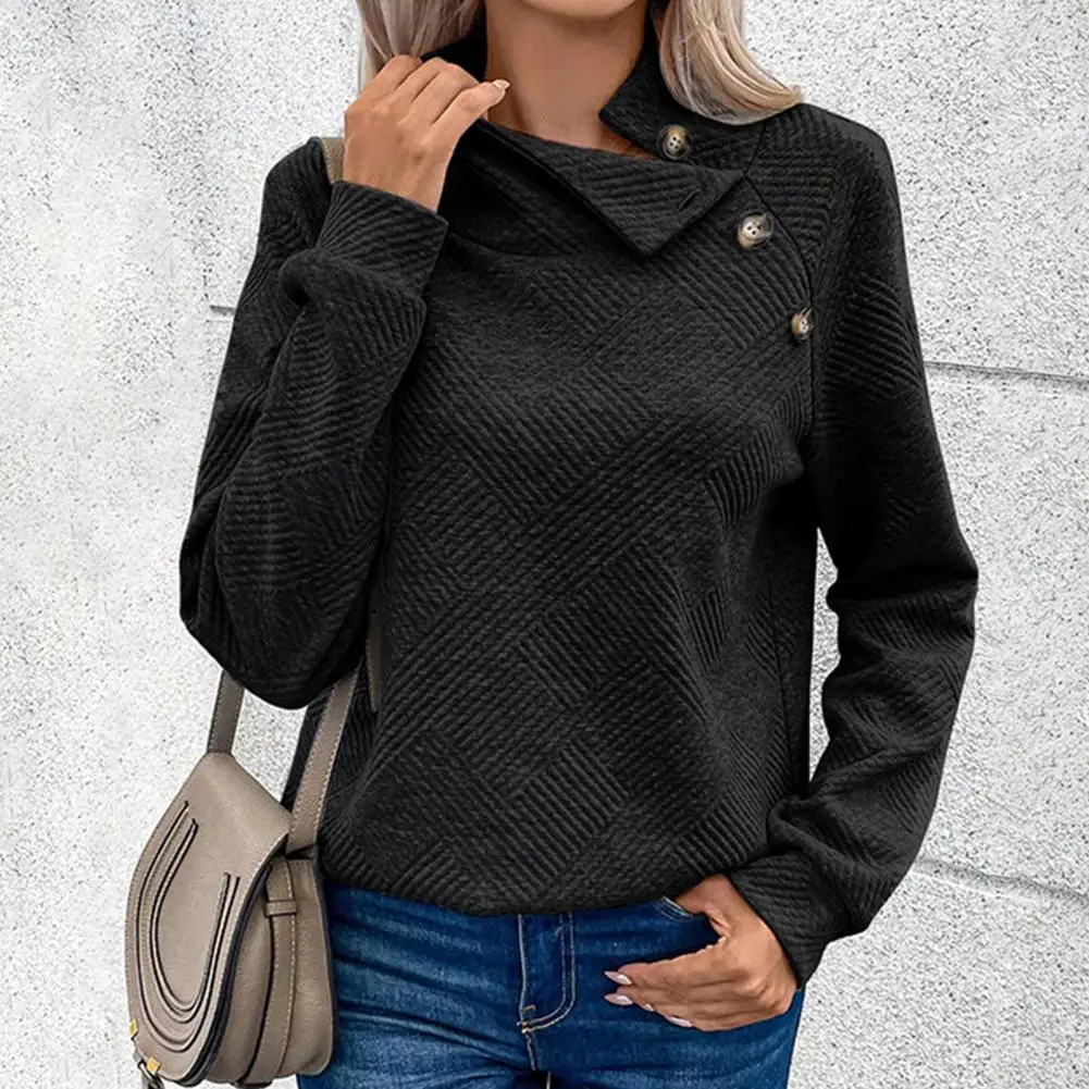 

Pullover Sweatshirt Soft Women Sweatshirt Cozy Stand Collar Women's Sweatshirt with Slant Button Decor Elastic Cuff for Fall