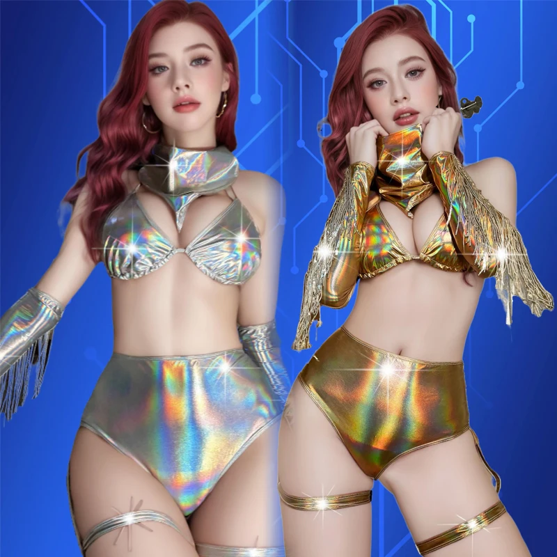 Bar Nightclub Dj Ds Sexy Gogo Dance Costume Women Pole Dance Clothing Gold Silver Laser Bikini Stage Show Rave Outfit DW10246