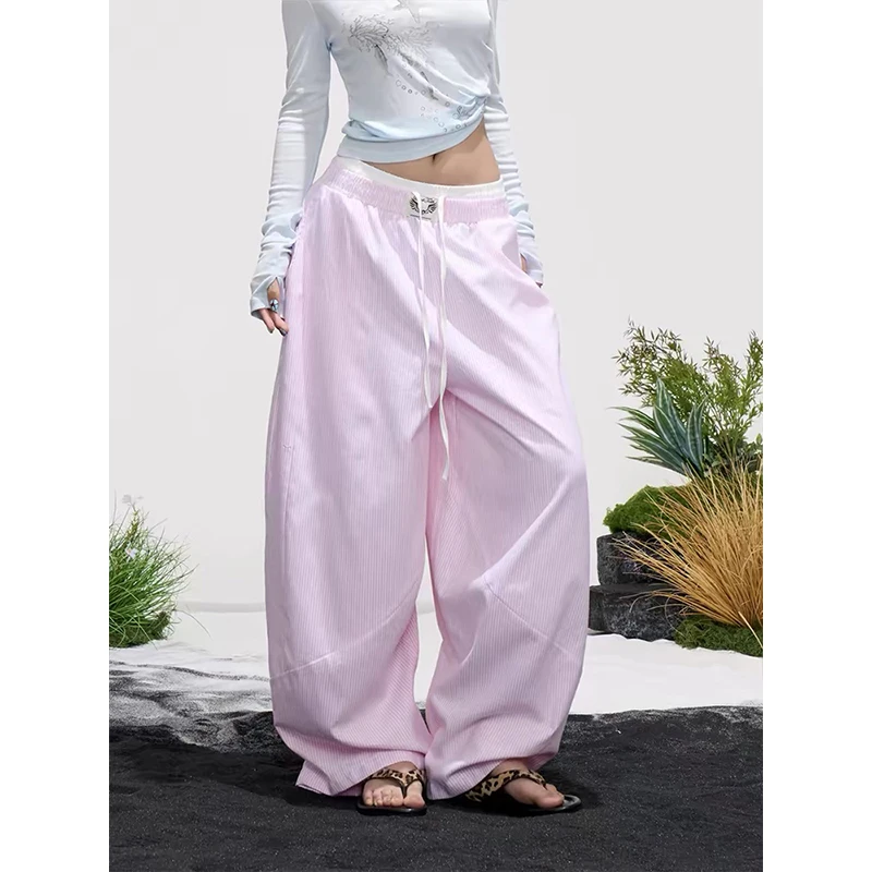 American Style Pink Wide Leg Casual Pants Women's Loose Fit Long Trousers Drawstring Floor-Length Striped Summer New Arrival