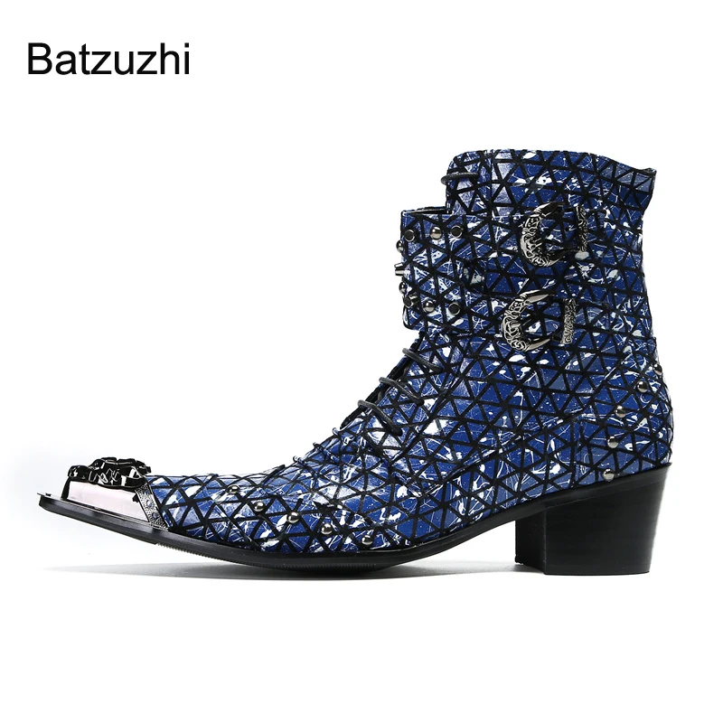 

Batzuzhi 6.5CM Heels Men's Boots Punk Iron Toe Blue Genuine Leather Ankle Boots Men Zip Buckles Knight Boot for Man, EU38-46