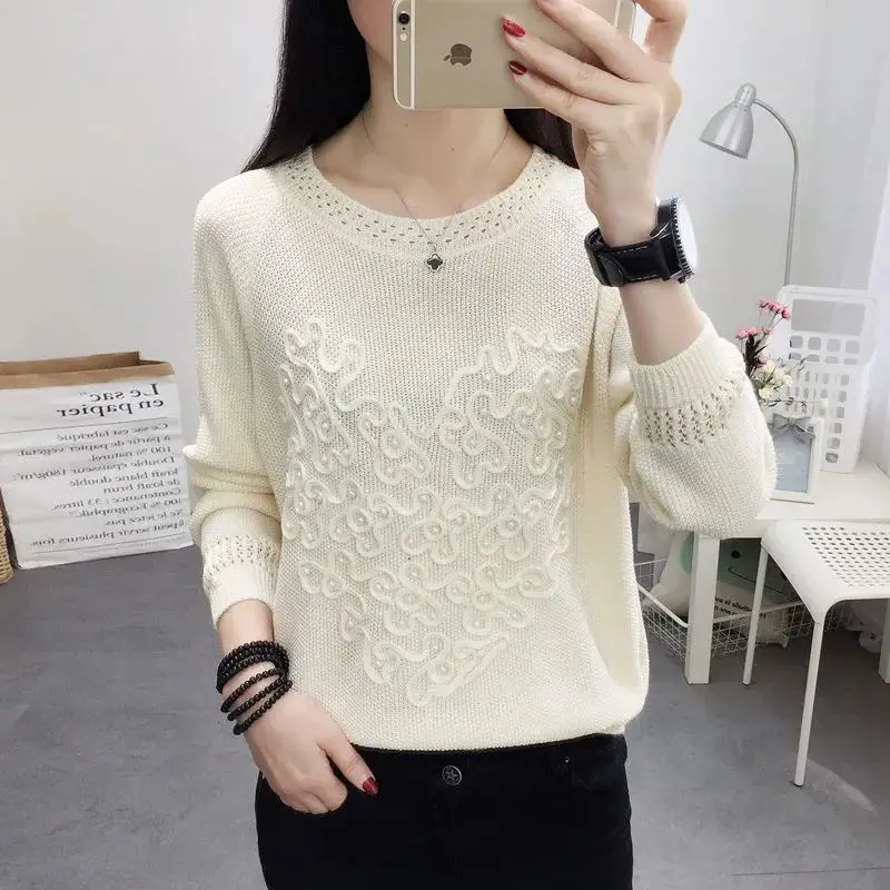 All-match Round Neck Spring Autumn Solid Color Pullover Long Sleeve Women's Clothing Sweater Knitted Elegant Trendy Tops