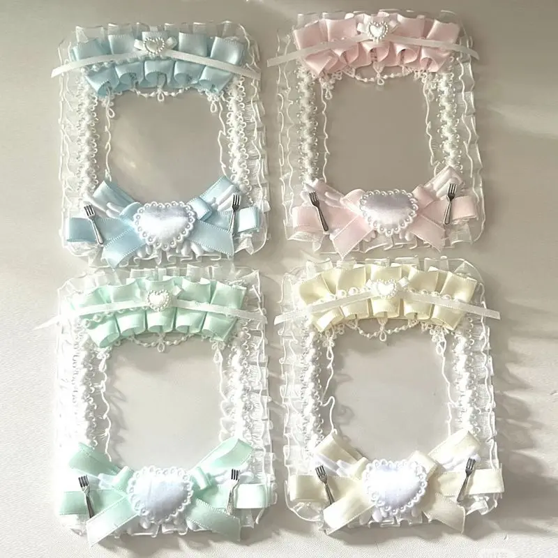 1Pc White Square Photocard Holder Card Brick Anime Cartoon Game Character Sweet DIY Plush Ribbon Anime Lace Case Lolita Idol image 4