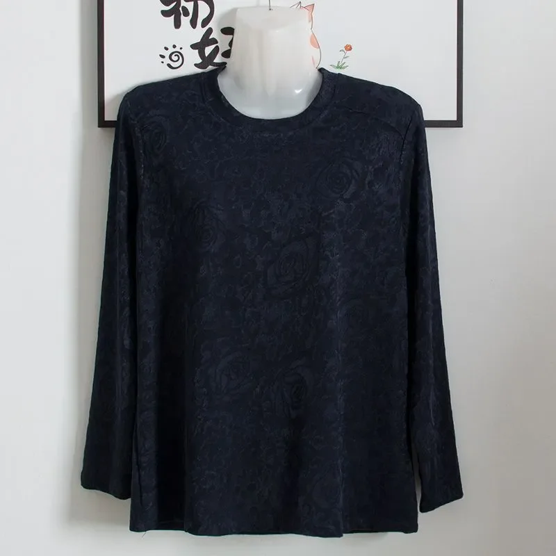 

Women's Dark Navy Floral Jacquard Blouse Round Neck Long Sleeve Loose Fit Casual Top