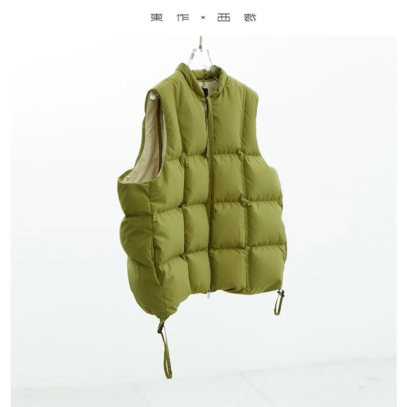 Down Vest ~ Checkered Stand-Up Collar Color-Blocked Duck down Vest for Petite Women, Suitable for Outerwear or Layering, 2025 Winter Women's Warm Vest
