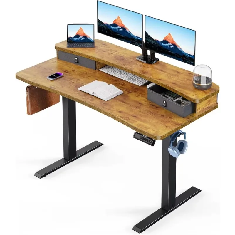 48″ x 24″ Electric Standing Desk with 2 Drawers, Height Adjustable Computer Desk, with 4 Preset Heights & 2 Hooks, Vintage Brown