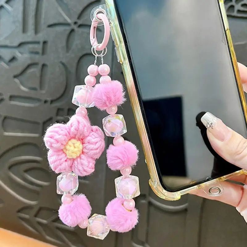 Beads Phone Lanyard Plush Flower Strand Beads Mobile Phone Chain Keyring Bag Pendant Car Key Accessories Birthday Gift for Kids