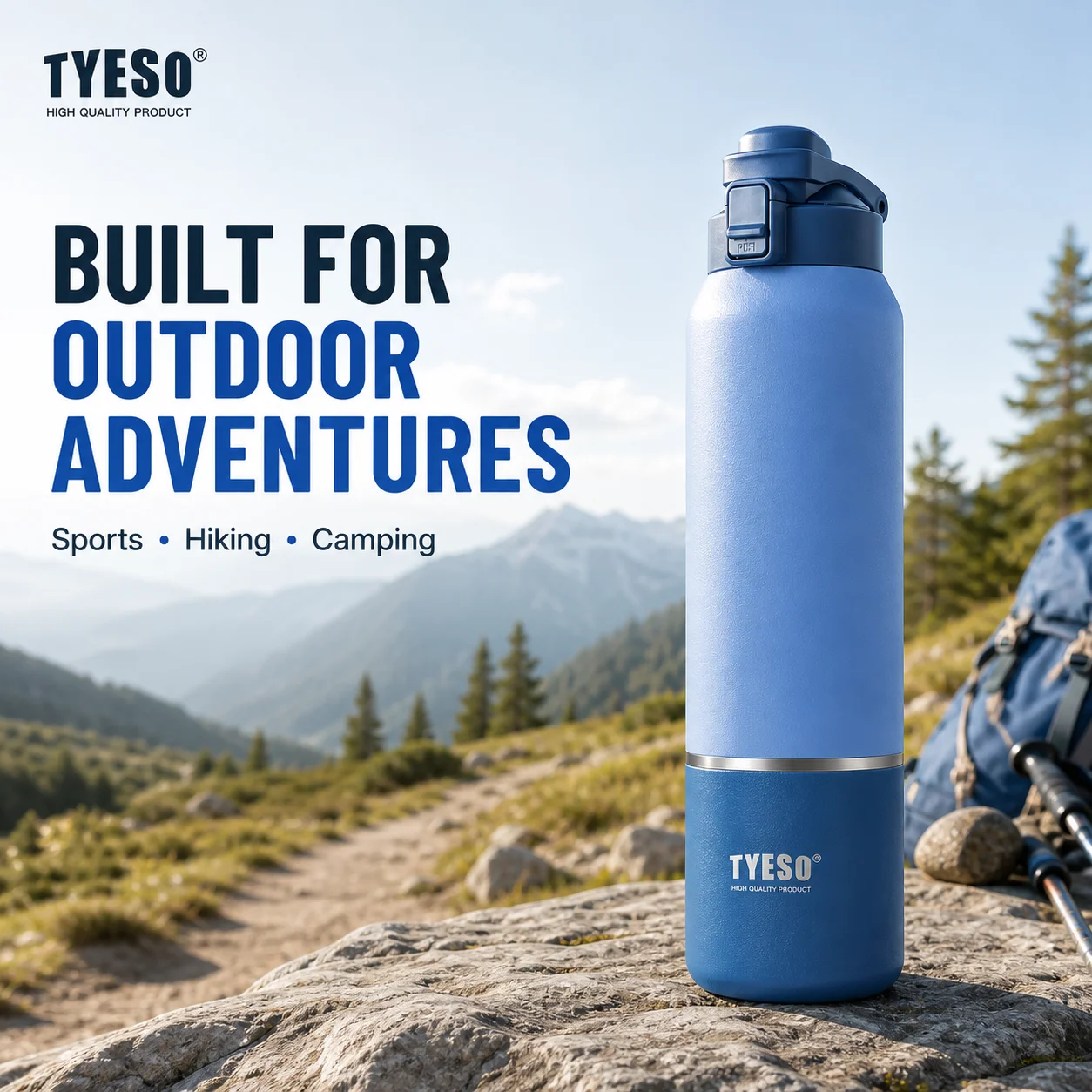 Tyeso Large‑Capacity Travel Mug with HandleVacuum Insulated Water Bottle Leakproof Lid Drinkware for Hiking Outdoor