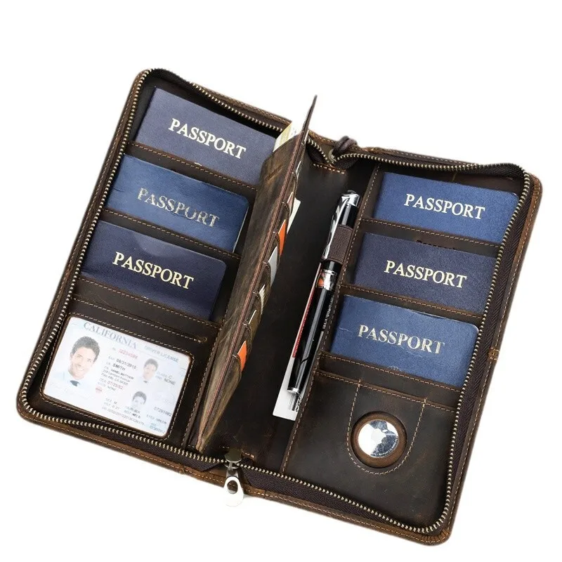 British Style Top Layer Cowhide Anti Theft Brush Travel Clip  Multi Functional Genuine Leather Wallet Female Family Passport Bag