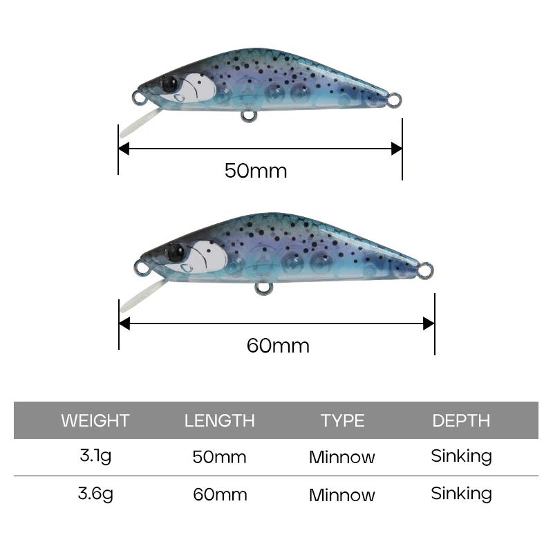 LETOYO 3.1g/3.6g Sinking Minnow Lure Mini Tremor Hard Minnow Baits Stable Throwing Full Swimming Layer Trout Lures