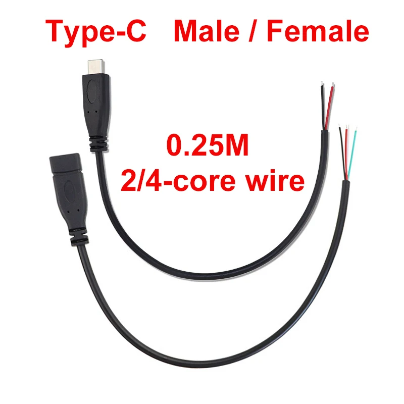 USB Type C Male Female Plug Power Supply Charger Connector 2 Pin 4 Pin USB-C DIY Repair Cable Welding Type Wire 0.25M 1M 2M