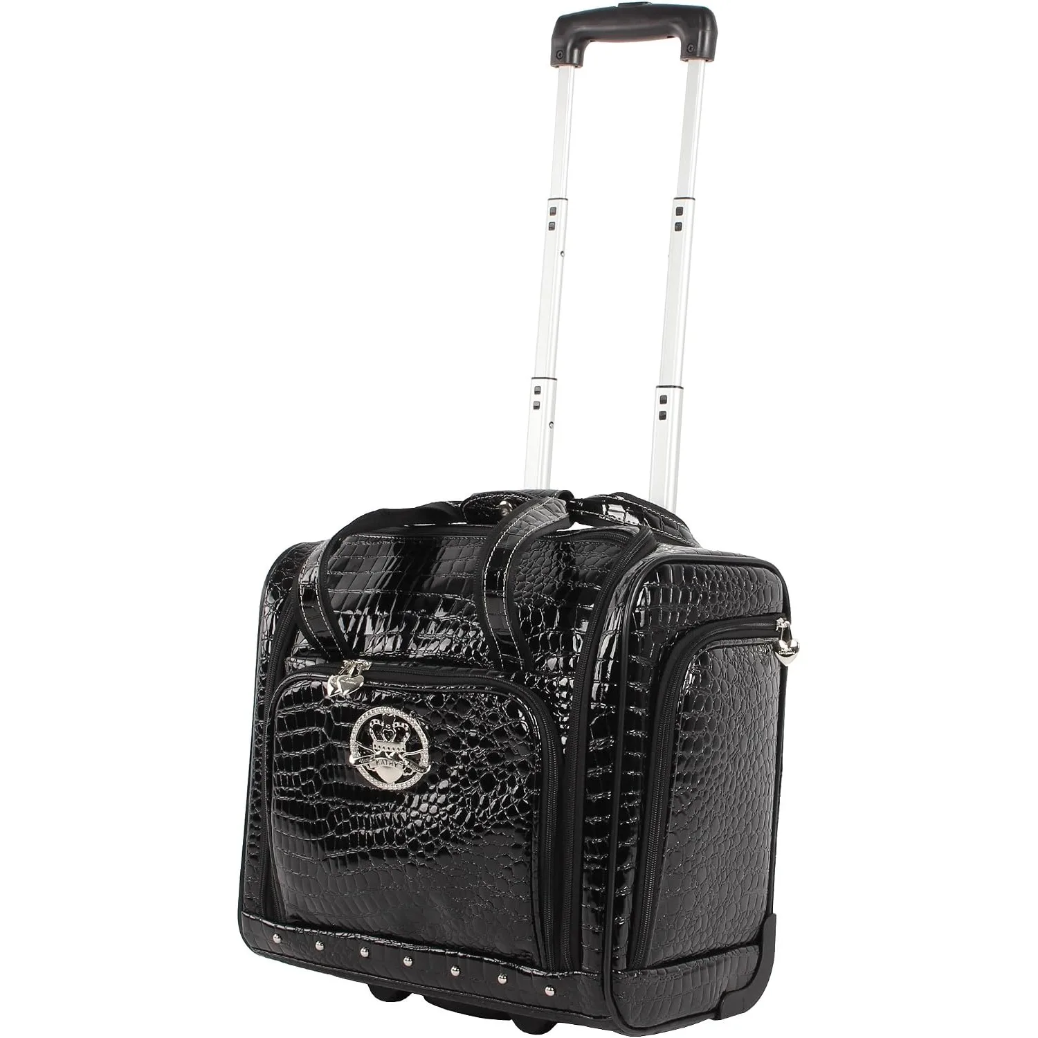 Croco PVC Designer Underseat Luggage - 15 Inch Carry On Suitcase for Women- Lightweight Under Seat Bag with 2-Rolling Spinner Wheels (Black)