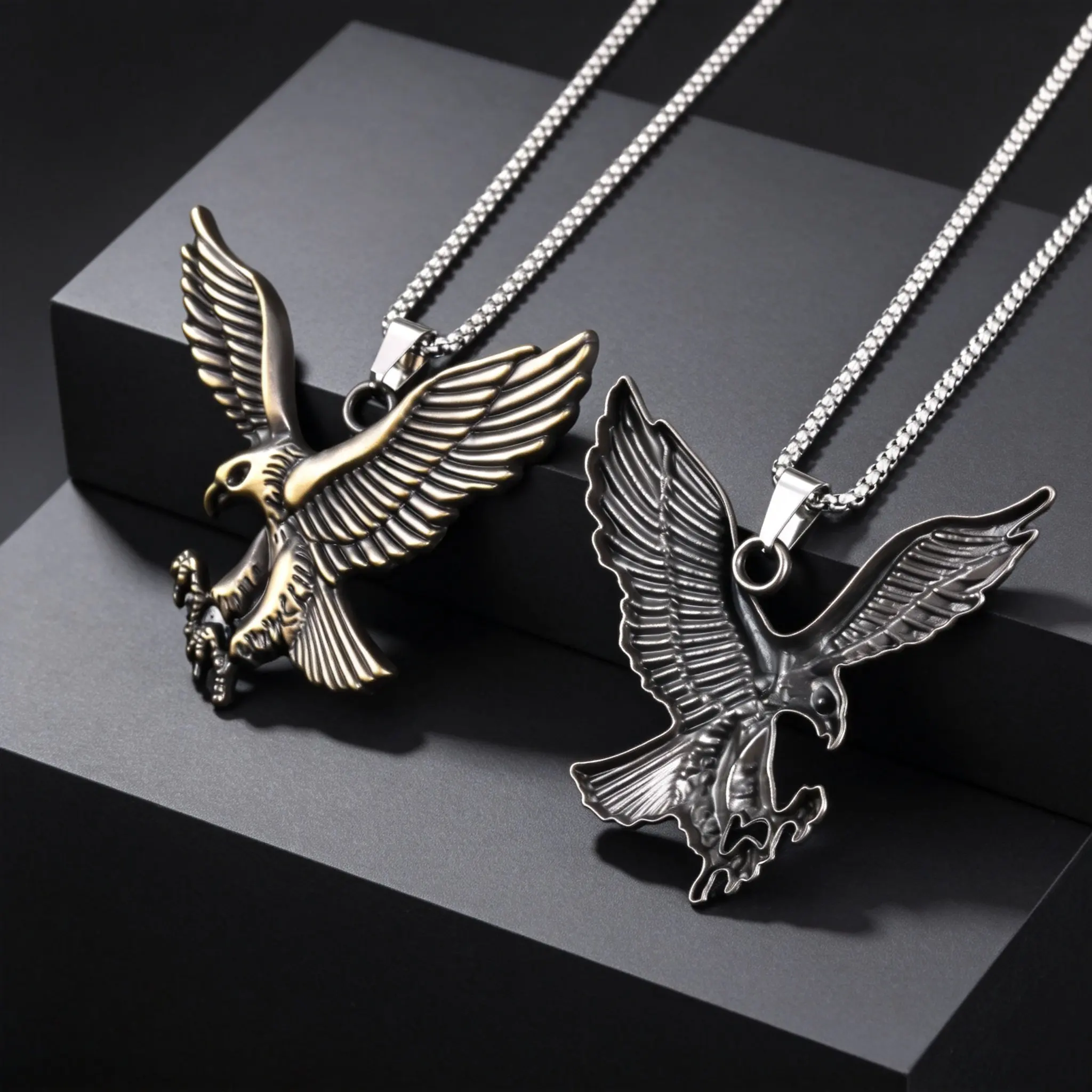 Retro Hip Hop Flying Eagle Pendant Necklace, Stainless Steel Chain Bald Eagle Bird Necklace for Men, Punk Rock Jewelry Gift