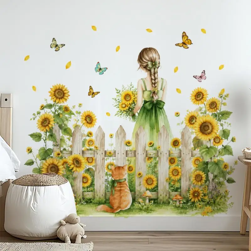 Sunflower Garden Fence Wall Decals, Yellow Sunflower Butterfly Baseboard Stickers, Floral Border for Kitchen Living Room Home