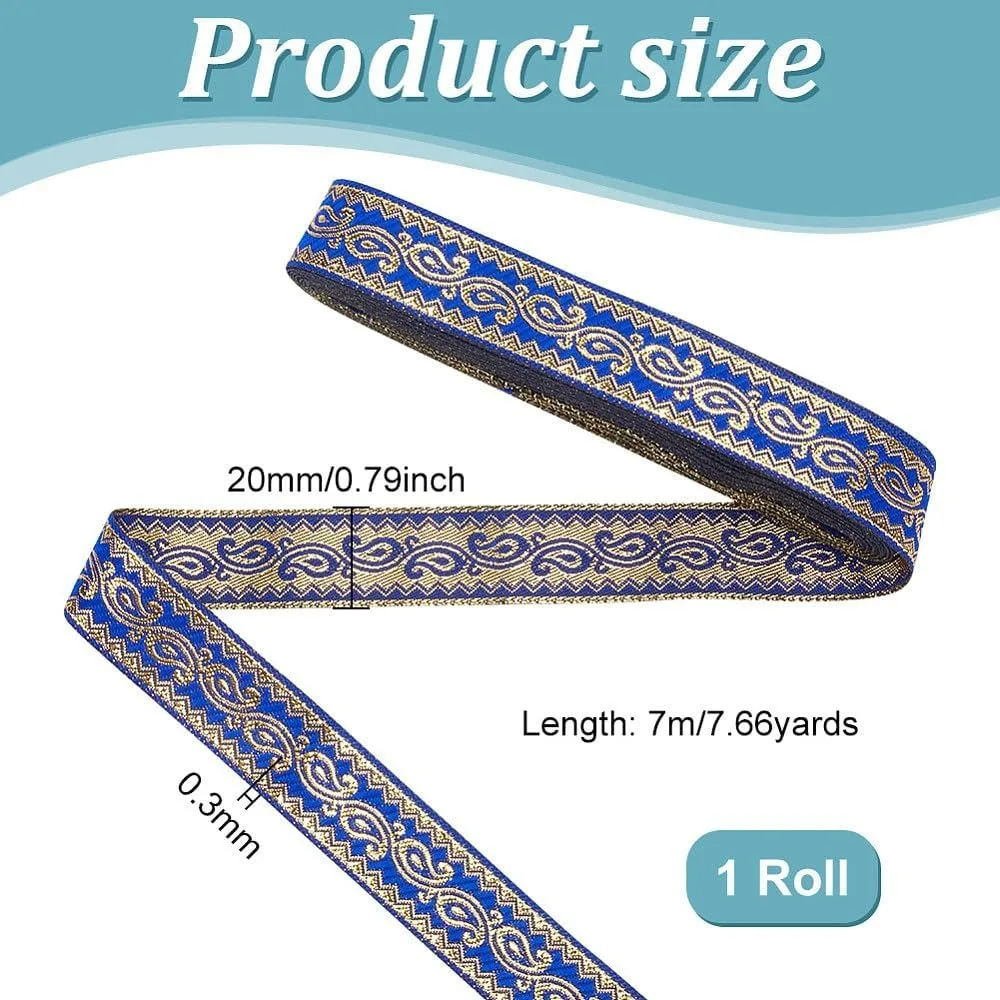 7.65 Yards Paisley Jacquard Ribbon 0.78inch Wide Blue Bottom Gold Jacquard Trim Ethnic Style Embroidery Polyester Ribbons Boho