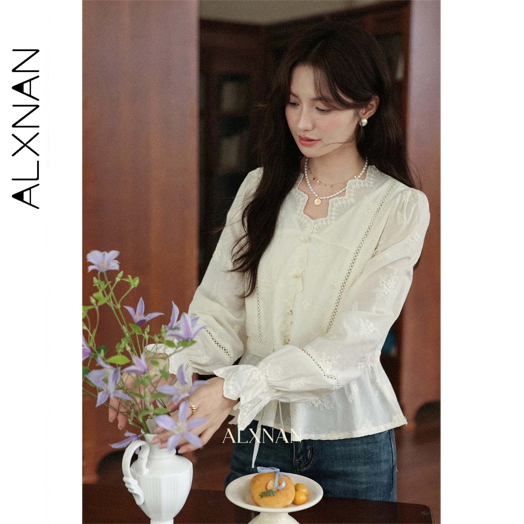 

ALXNAN Women's Shirt Apricot Embroidered Hollow Ruffle V-neck Cotton 100% Shirt Autumn Elegant Long Sleeve Tops Female L57063